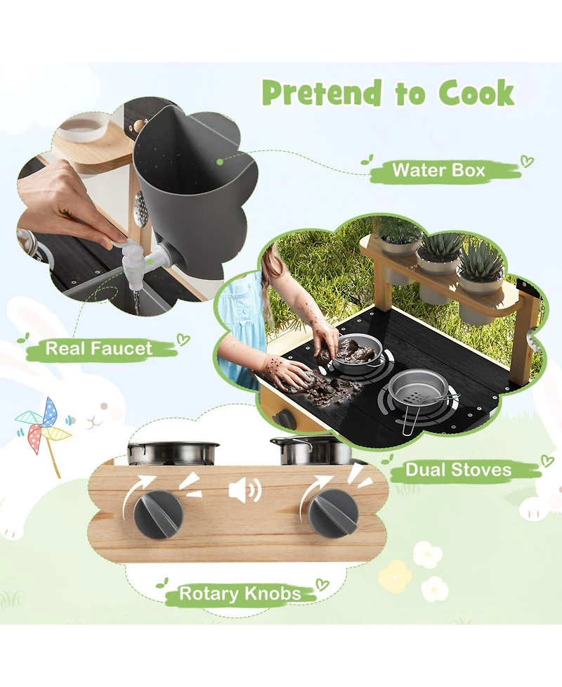 Outdoor Fir Wood Play Kitchen with Blackboard and Planting Pots