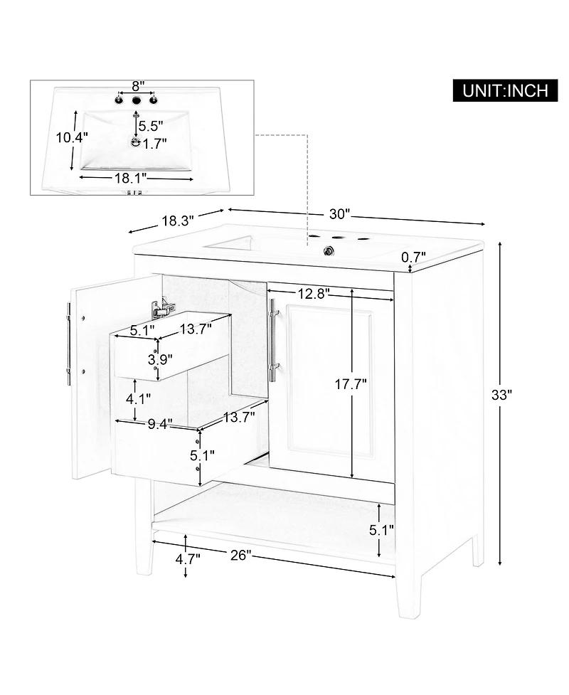 Casainc 30" Bathroom Vanity with Sink, Multi-functional Cabinet with Doors and Drawers, Solid Frame