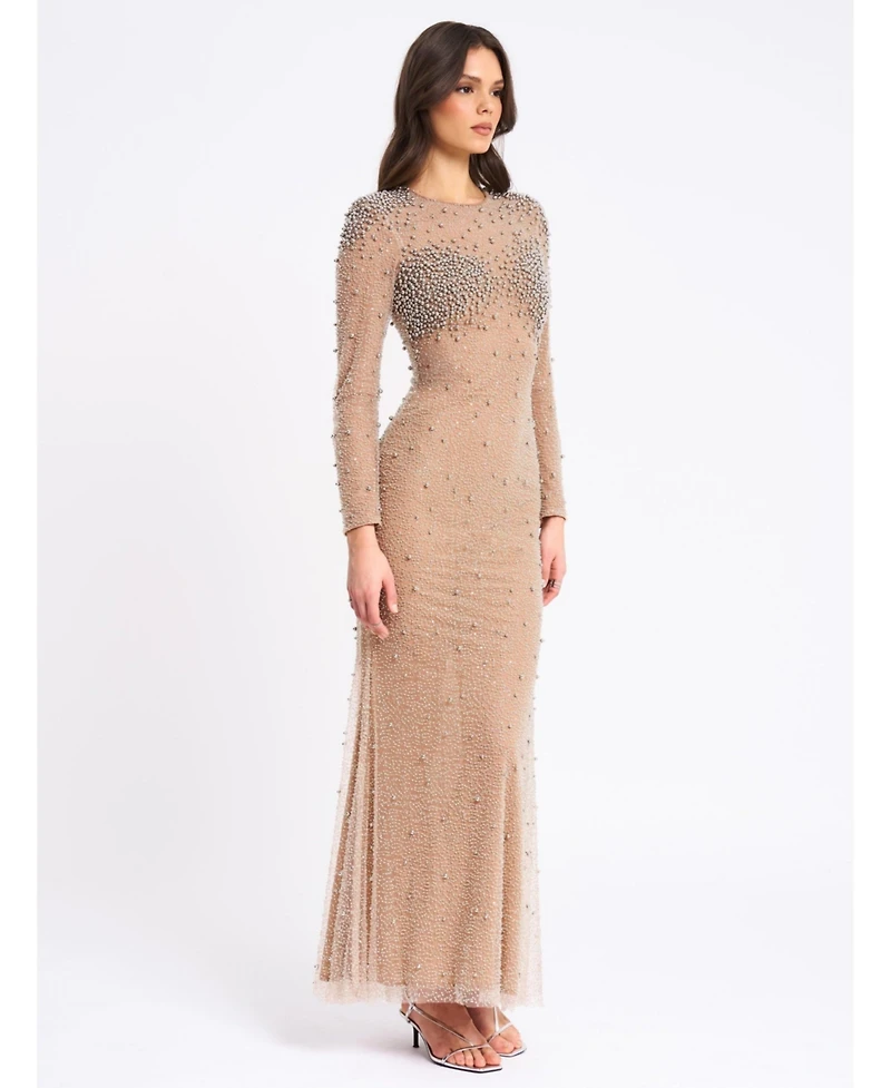 Miss Circle Women Rita Embroidered Mesh Silver Beaded Mermaid Gown