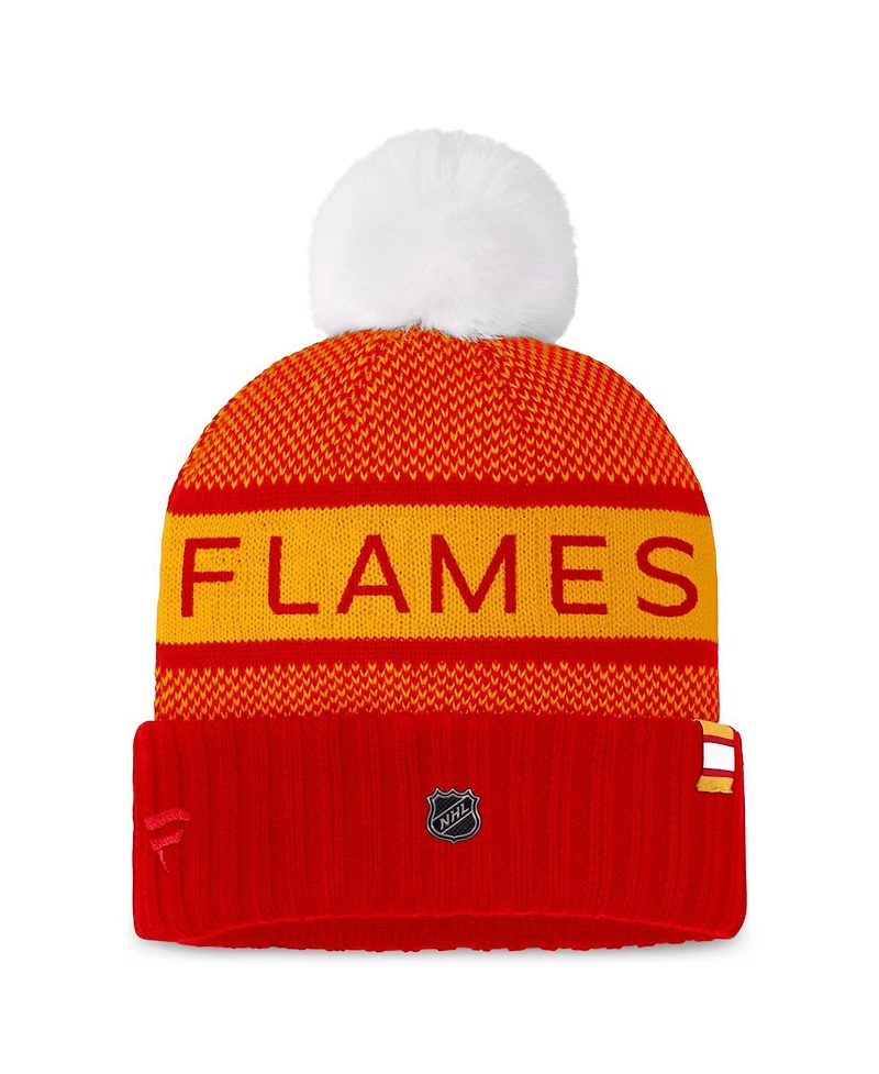 Fanatics Women's Red/Yellow Calgary Flames Authentic Pro Rink Cuffed Pom with Knit Hat