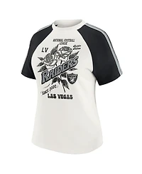 Wear by Erin Andrews Women's White Las Vegas Raiders Sleeve Stripe Distressed Raglan T-Shirt