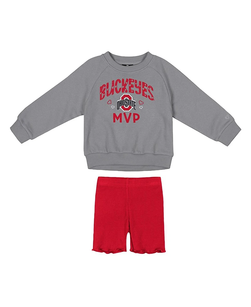 Colosseum Girls Toddler 2- Piece Gray/Scarlet Ohio State Buckeyes Beta Fleece Sweatshirt and Shorts Set