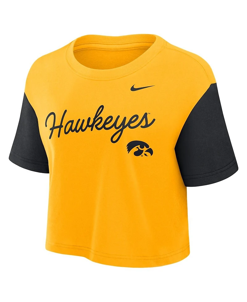 Nike Women's Gold/Black Iowa Hawkeyes Color-Block Script Performance Cropped T-Shirt