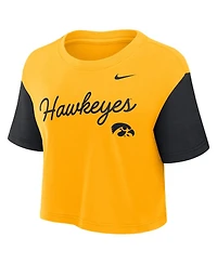 Nike Women's Gold/Black Iowa Hawkeyes Color-Block Script Performance Cropped T-Shirt