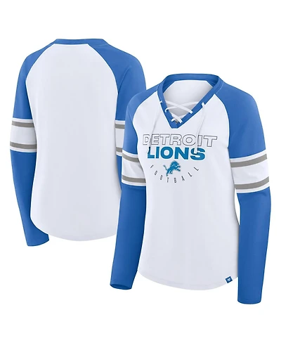Fanatics Women's White/Blue Detroit Lions Redzone Blitz Package Raglan Lace-Up V-Neck Long Sleeve T-Shirt
