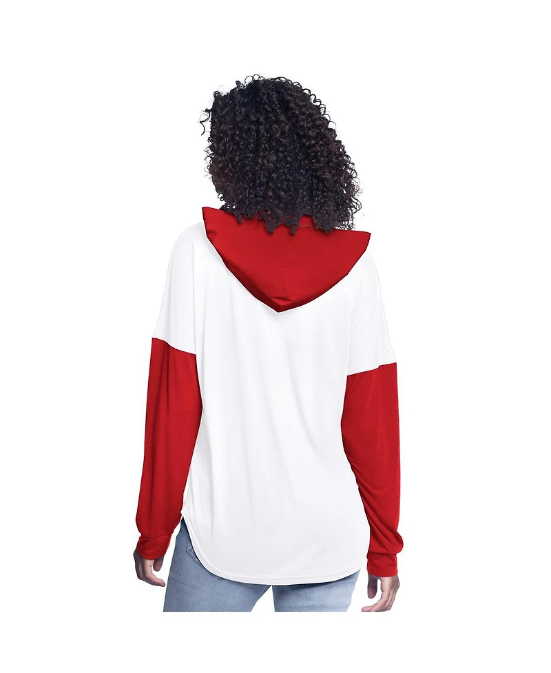 G-iii 4Her by Carl Banks Women's White/Red Nascar Bench Player Oversized Long Sleeve Hoodie V-Neck T-Shirt