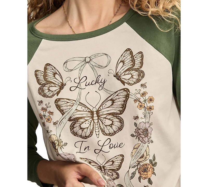 Lucky Brand Women's Love Butterfly T-shirt with Raglan Sleeves