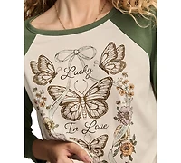Lucky Brand Women's Love Butterfly T-shirt with Raglan Sleeves