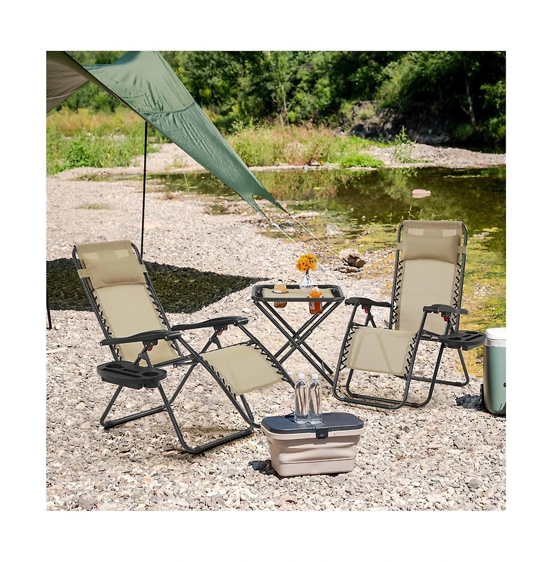 Yaheetech 3pcs 26in Outdoor Zero Gravity Chairs with Table, Patio Lounge Camping Chairs & Table Set Beige