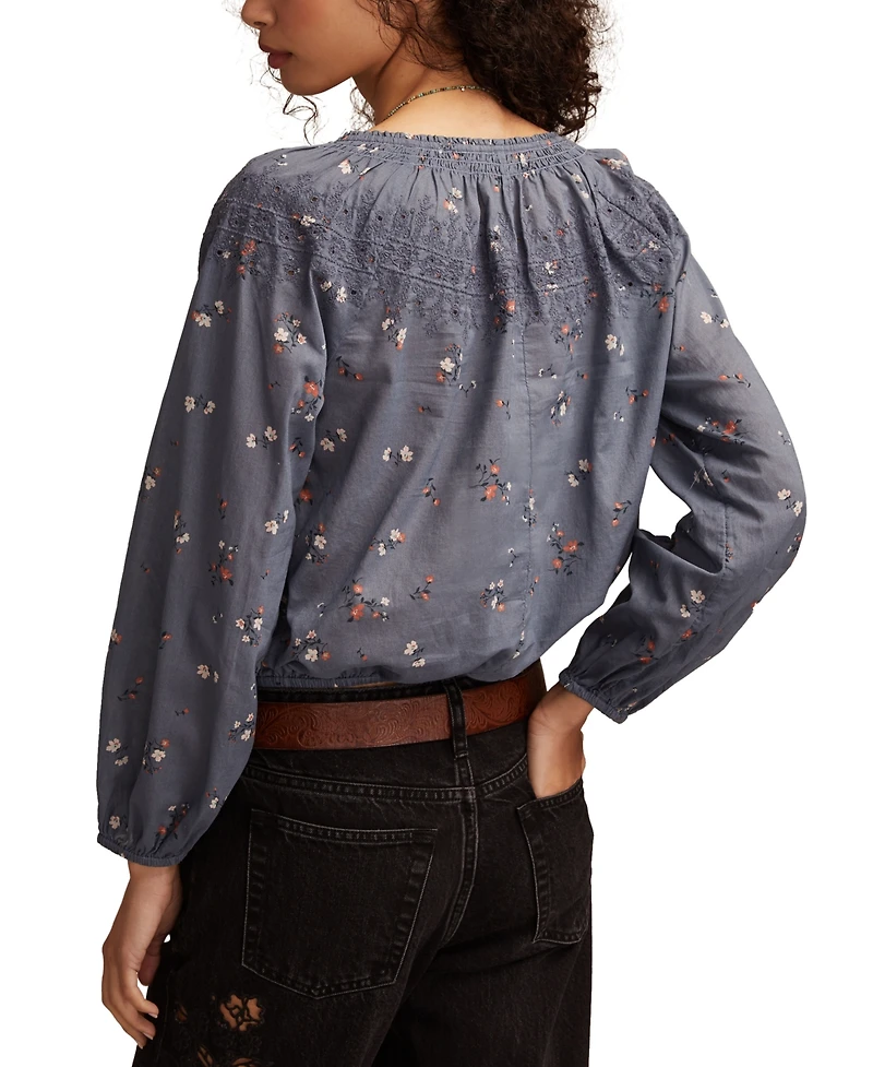Lucky Brand Women's Embroidered Smocked Peasant Top
