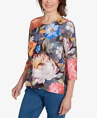 Alfred Dunner Women's Classic Dramatic Floral Lace Neck Top