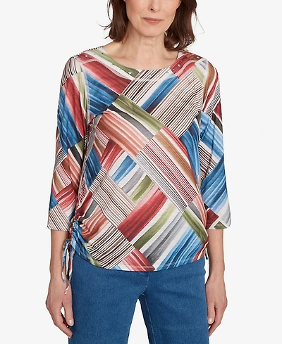 Alfred Dunner Women's Classic Stripe Patchwork Ruched Sides Top