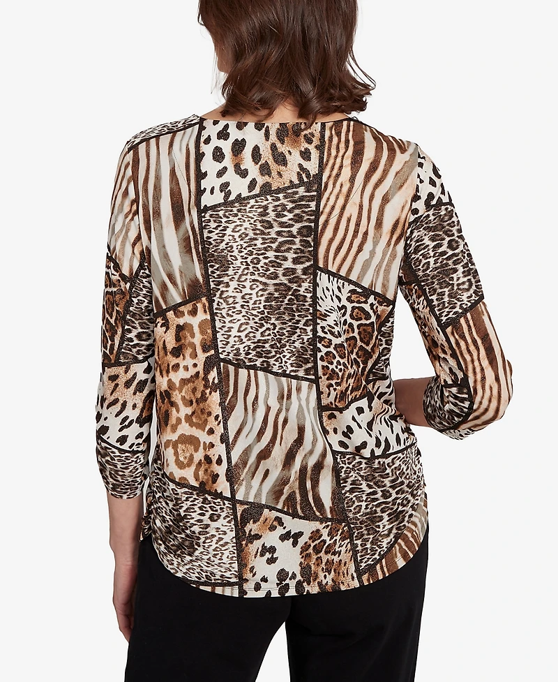 Alfred Dunner Women's Classic Puff Animal Print Color Block Top