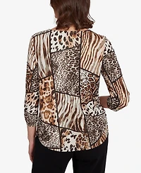 Alfred Dunner Women's Classic Puff Animal Print Color Block Top