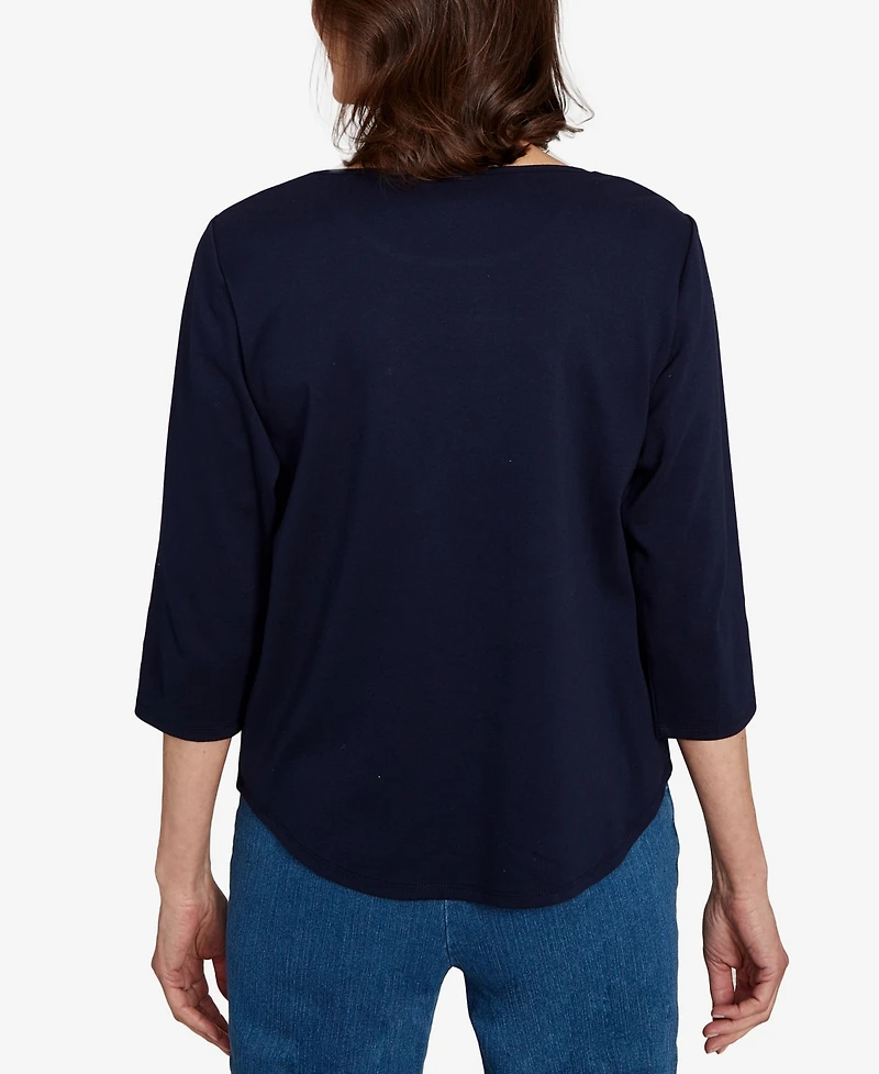 Alfred Dunner Women's Classic Owl Wreath Embroidered Crew Neck Top