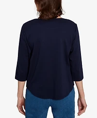 Alfred Dunner Women's Classic Owl Wreath Embroidered Crew Neck Top