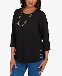 Alfred Dunner Women's Classic Melange Side Button Crew Neck Top with Necklace