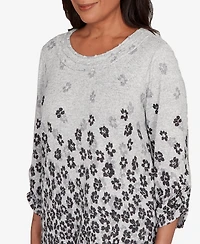 Alfred Dunner Women's Classic Floral Border Gathered Sleeve Top