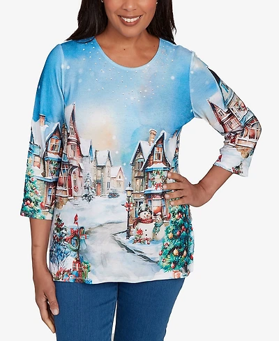 Alfred Dunner Women's Classic Embellished Snow Cabin Village Scene Crew Neck Top