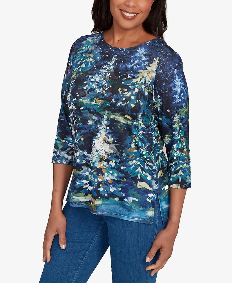Alfred Dunner Women's Classic Starry Night Holiday Tree Crew Neck Top