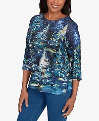 Alfred Dunner Women's Classic Starry Night Holiday Tree Crew Neck Top