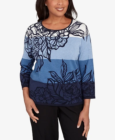 Alfred Dunner Women's Classic Ombre Floral Block Stripe Sweater