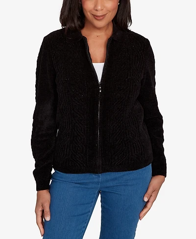 Alfred Dunner Women's Classic Zip-Front Chenille Collared Cardigan Sweater