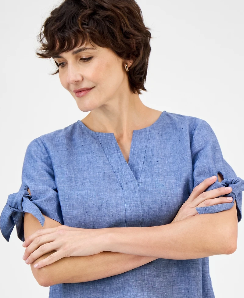 Charter Club Women's 100% Linen Split-Neck Tie-Cuff Top, Created for Macy's