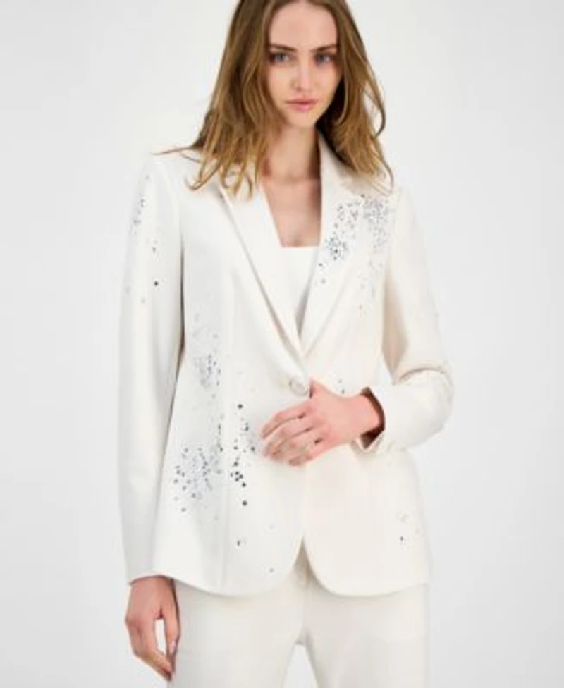 Anne Klein Womens Embellished One Button Jacket Embellished Mid Rise Capri Pants