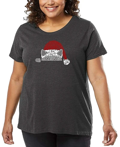 La Pop Art Plus Size Christmas Peeking Cat Word Art T-Shirt
