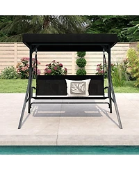 Gymax 3-Person Porch Swing w/ Stand w/ Rattan Seat Back Metal Frame Adjustable Shade