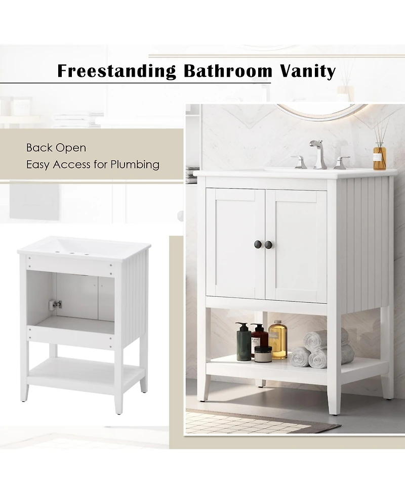Casainc 24" Modern Bathroom Vanity with Ceramic Sink, Solid Wood Frame & Open Shelf