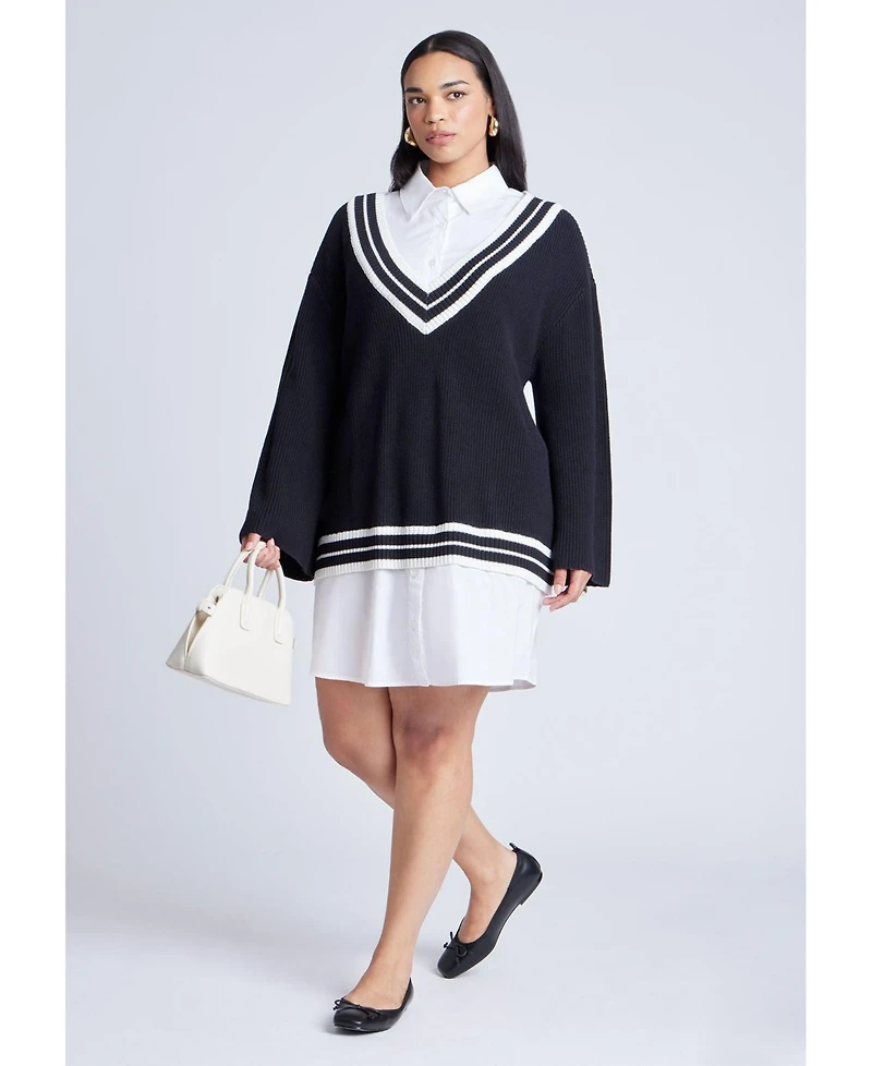 Eloquii Women's Plus Striped Sweater Twofer Mini Shirt Dress