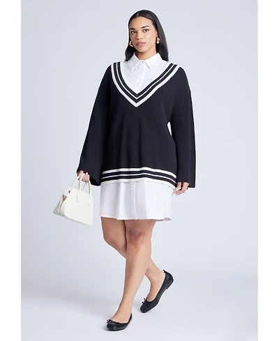Eloquii Women's Plus Striped Sweater Twofer Mini Shirt Dress