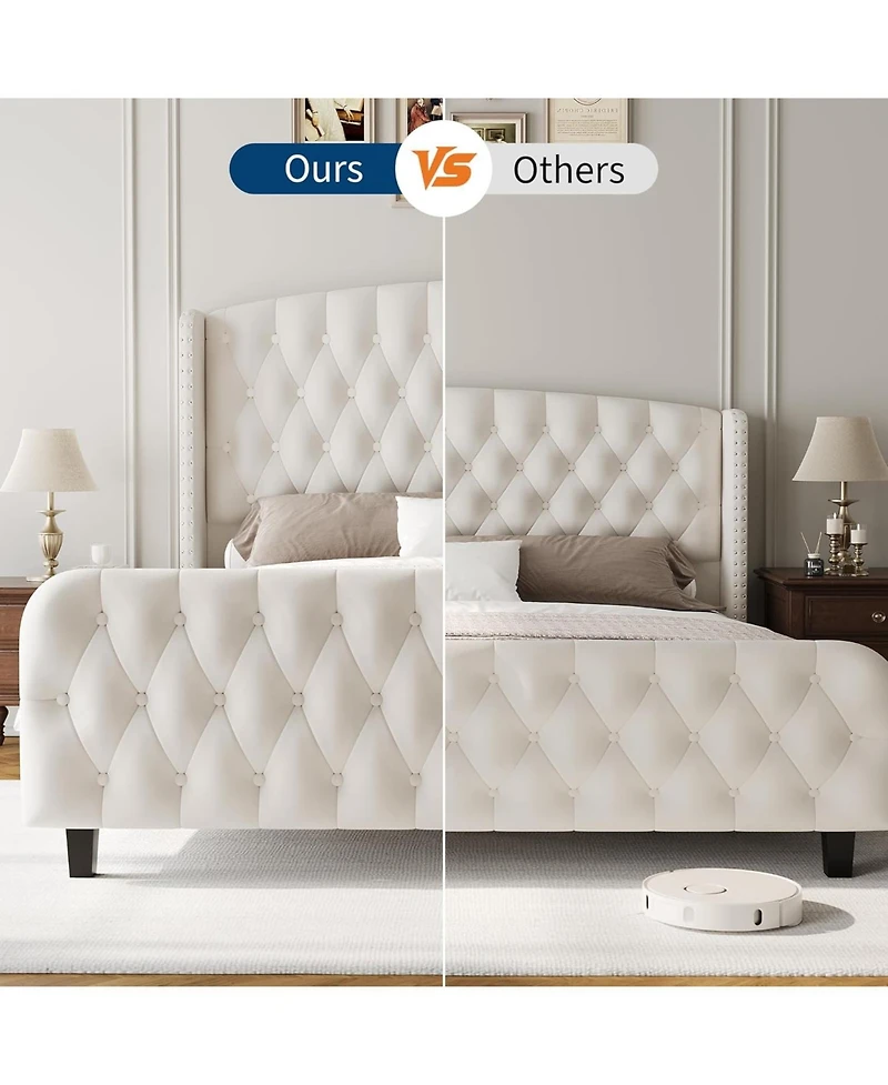 gaomon 51" Tall King Size Velvet Upholstered Platform Bed Frame with Deep Button Tufted Wingback Headboard & Footboard, Cream, No Box Spring, Easy Ass