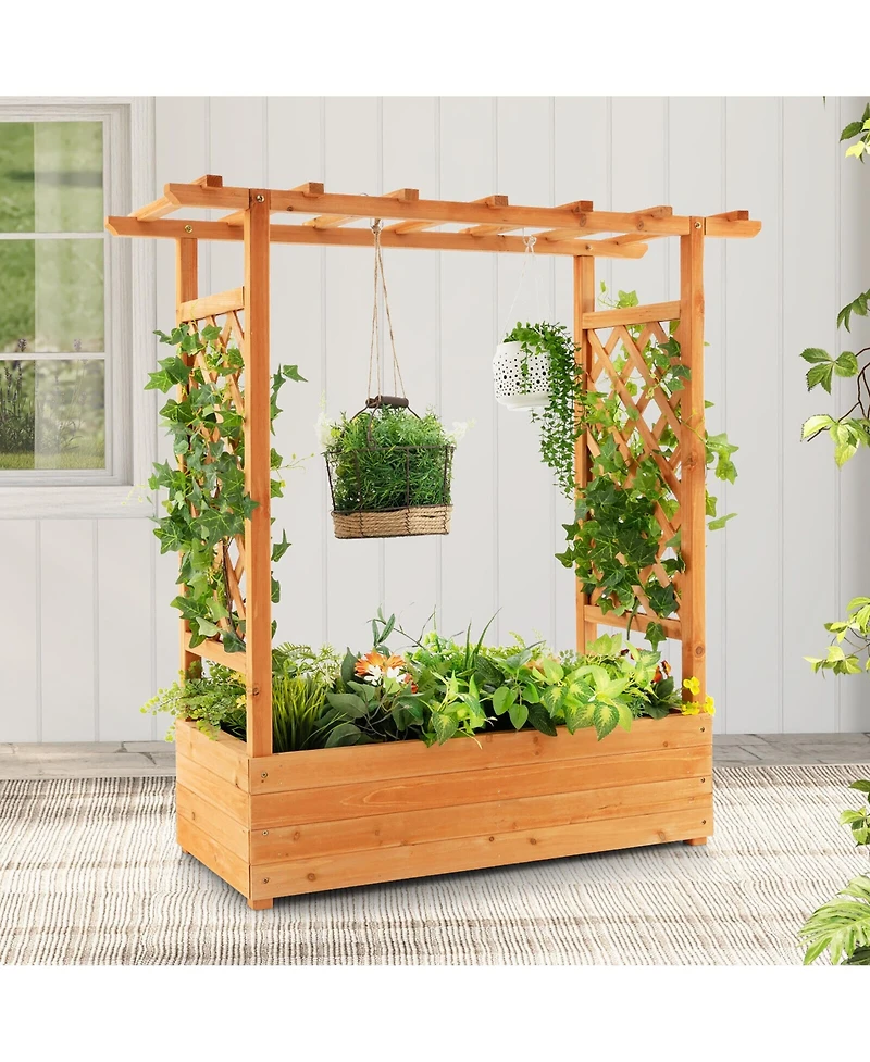 Gymax Raised Garden Bed Planter Box w/ Side & Top Trellis for Vine Climbing Plants