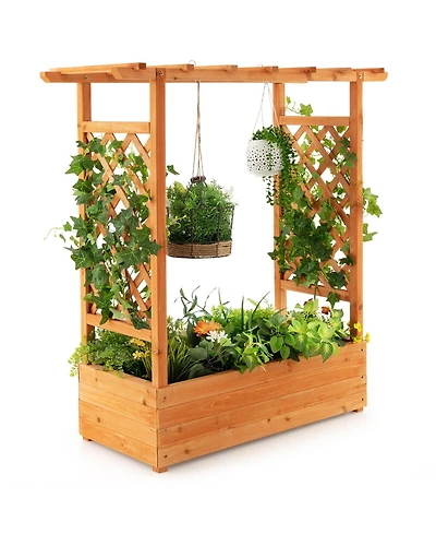 Gymax Raised Garden Bed Planter Box w/ Side & Top Trellis for Vine Climbing Plants