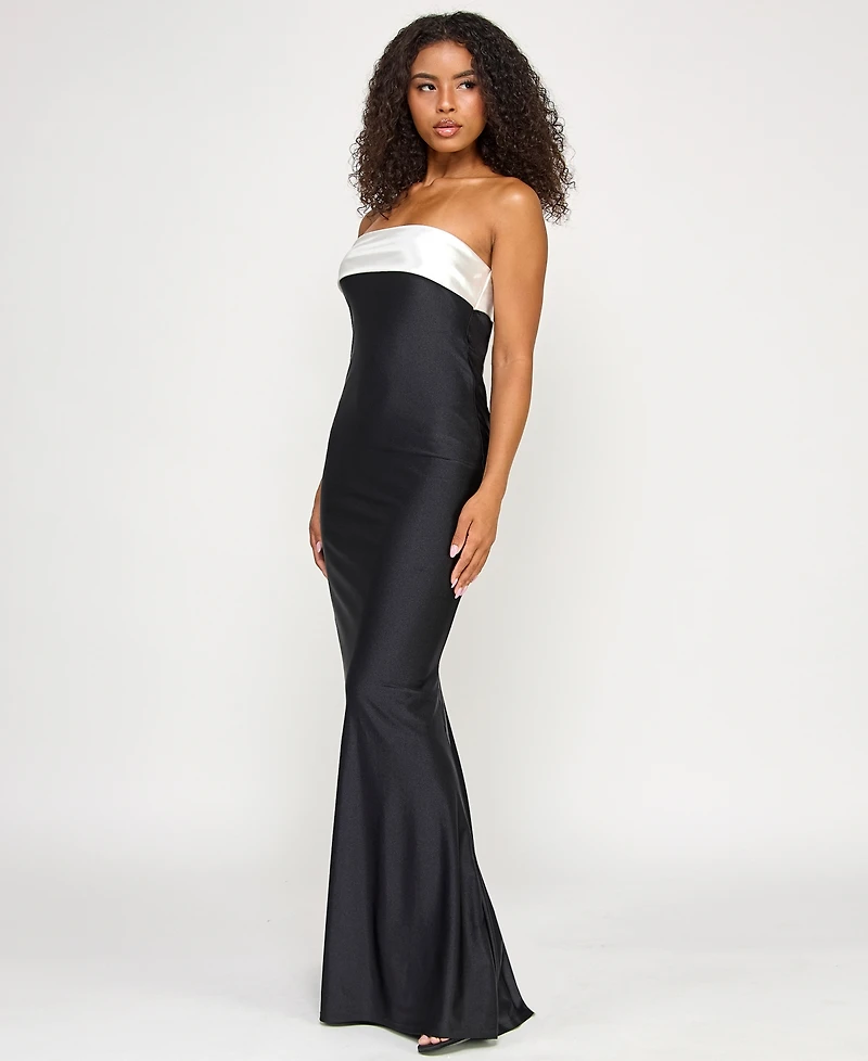 City Studios Juniors' Strapless Tube Overlay Long Slim Knit Gown