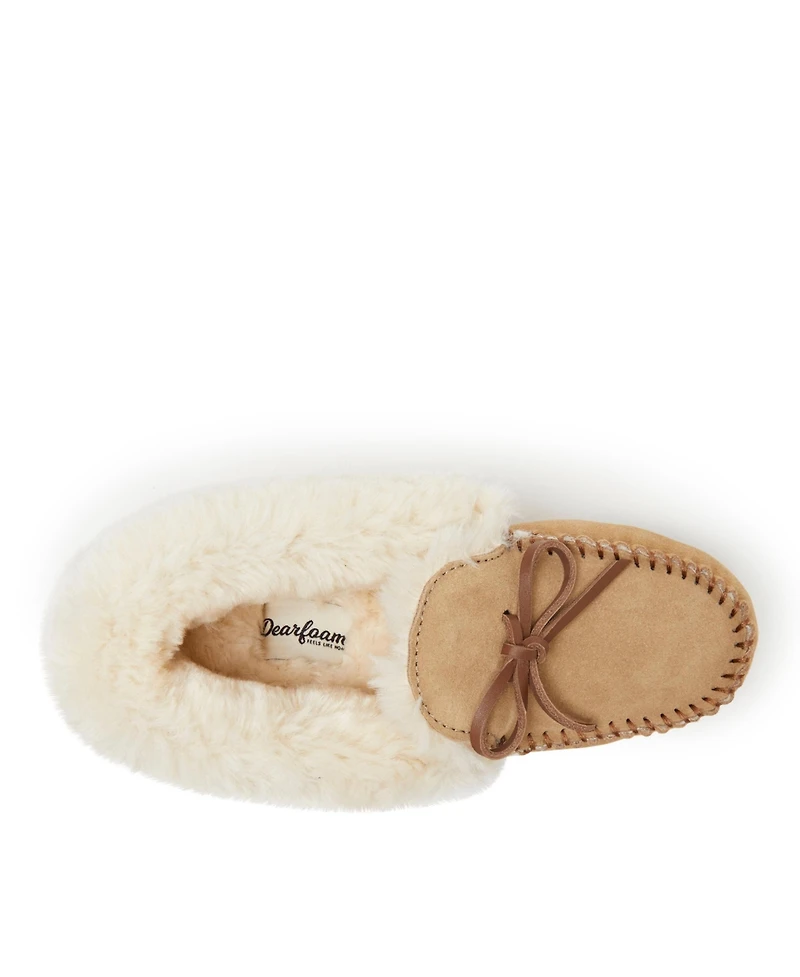 Dearfoams Women's Genuine Suede Fold Over Moccasin House Shoe Slipper