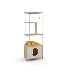 Aostirmotor Corner Cat Tower Cat Tree with Scratching Post Cat House with Feeding Station and Climbing Platforms
