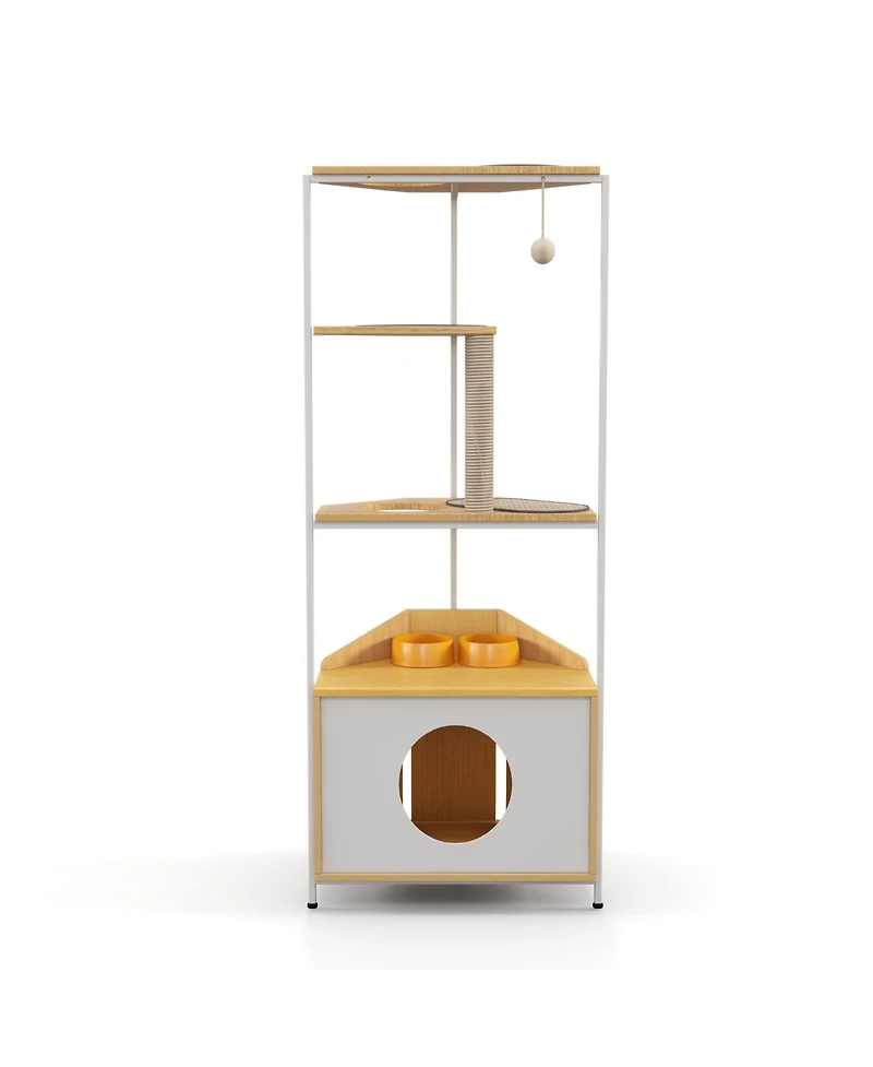 Aostirmotor Corner Cat Tower Cat Tree with Scratching Post Cat House with Feeding Station and Climbing Platforms