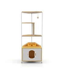 Aostirmotor Corner Cat Tower Cat Tree with Scratching Post Cat House with Feeding Station and Climbing Platforms