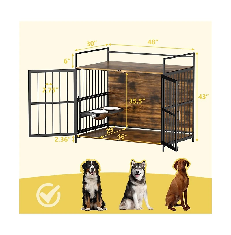 Aostirmotor 48 in. Furniture Style Large Dog Crate with 360° Adjustable Raised Feeder for Dogs