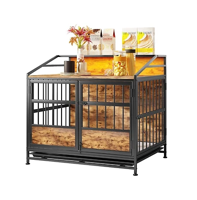 Aostirmotor Brown Multi-function Dog Crates with Storage Large Wooden Dog Kennel with Double Doors for Large Medium Dog