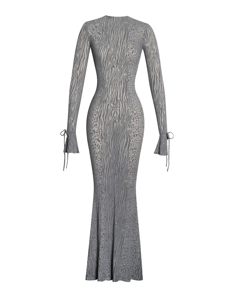 Miss Circle Women Waylynn Gray Animal Print Burnout Velvet Detail Mesh Backless Maxi Dress