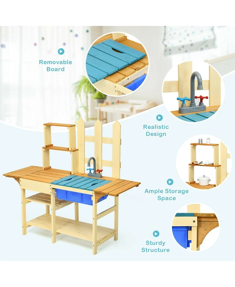 Akiudex Kid's Outdoor Wooden Pretend Cooking Kitchen Playset Toy