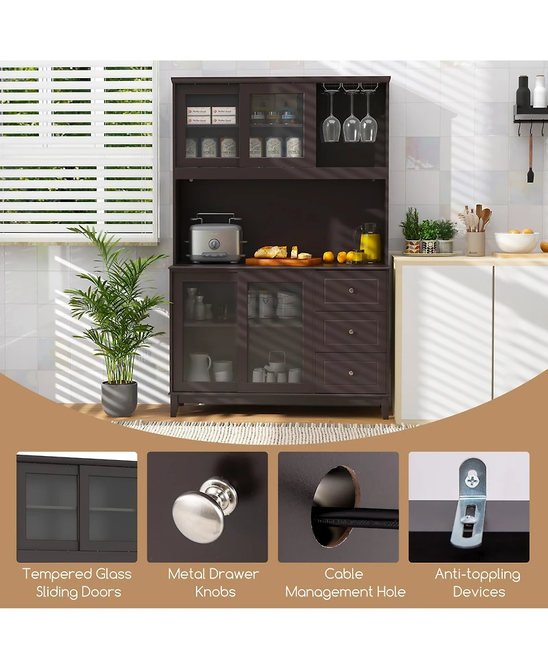 Gymax Kitchen Pantry Storage Cabinet Kitchen Hutch w/ Led lights & Power Outlet Dark