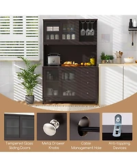 Gymax Kitchen Pantry Storage Cabinet Kitchen Hutch w/ Led lights & Power Outlet Dark