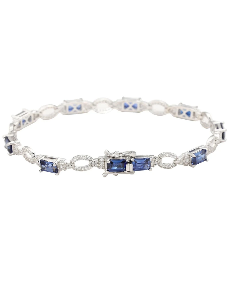 Suzy Levian New York Sterling Silver Emerald-Cut Sapphire & Created White Tennis Bracelet