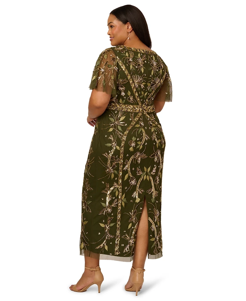 Adrianna Papell Plus Beaded Flutter Sleeve Midi Dress
